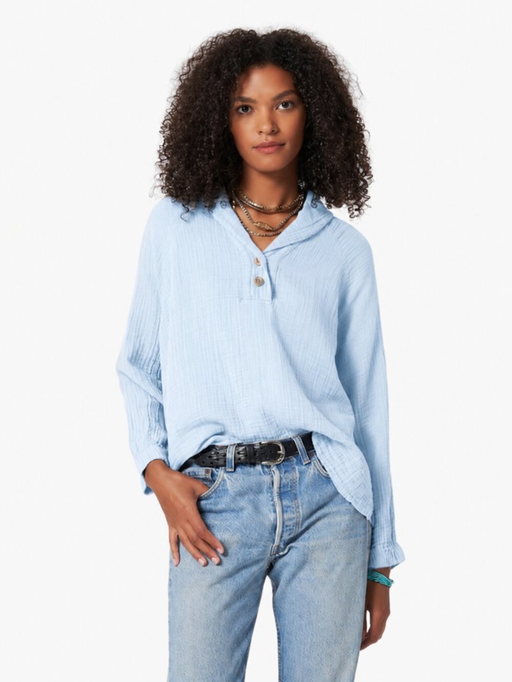 Xirena Long-Sleeve Gauze Henley Top Pale Blue Size XS